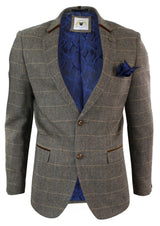 Herr Fiskbensmönstrad Tweed Marc Darcy Brun Slim Fit Kavaj med 2 Knappar i Rutig