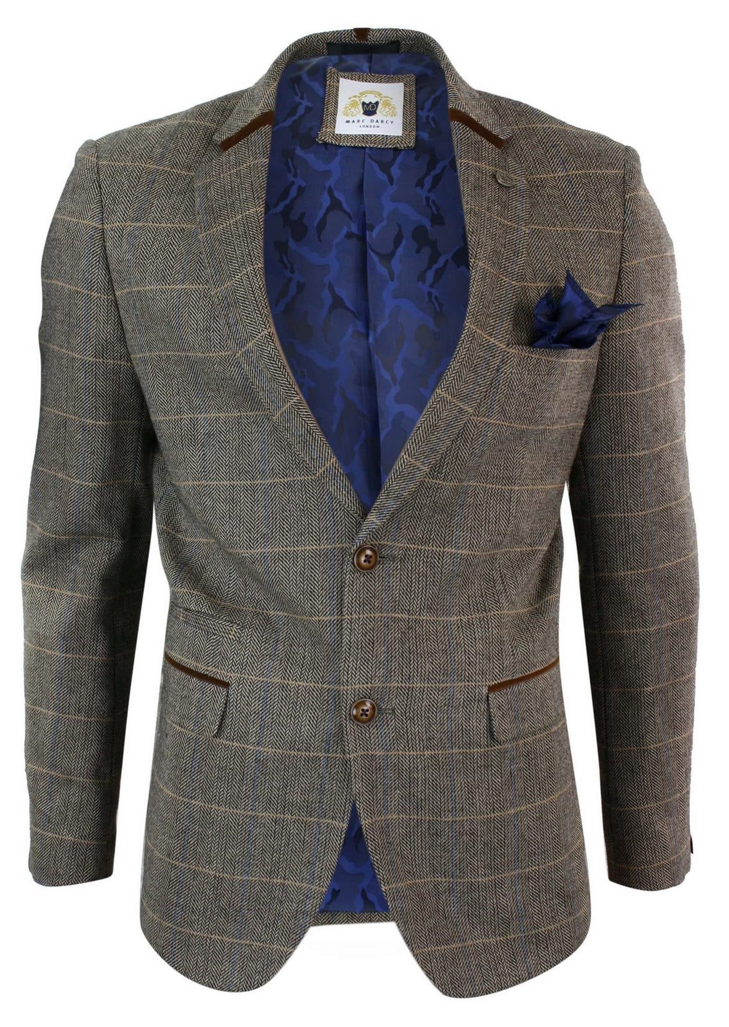 Herr Fiskbensmönstrad Tweed Marc Darcy Brun Slim Fit Kavaj med 2 Knappar i Rutig