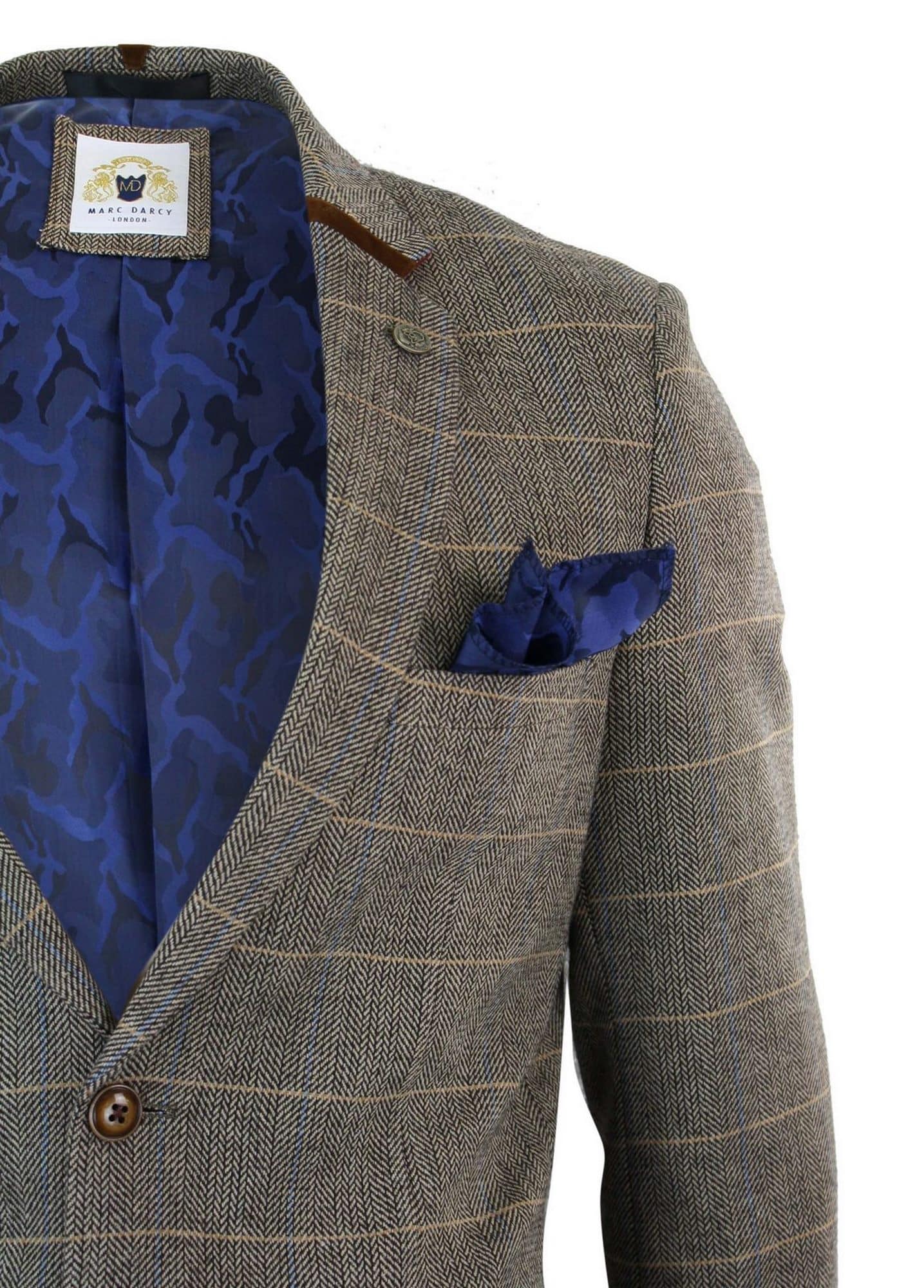 Herr Fiskbensmönstrad Tweed Marc Darcy Brun Slim Fit Kavaj med 2 Knappar i Rutig