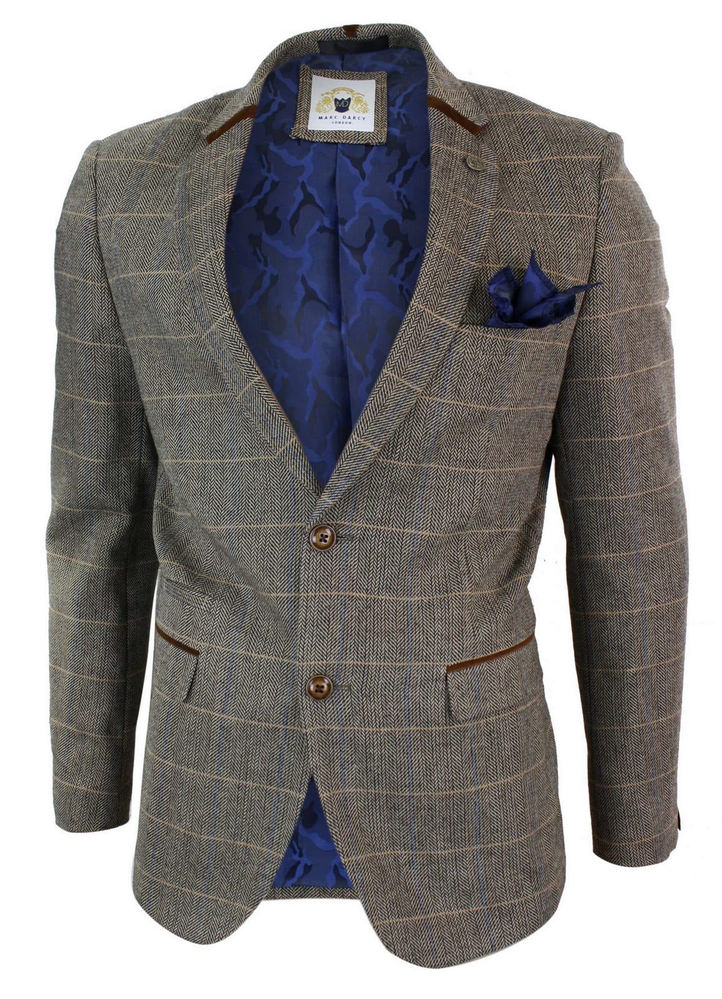Herr Fiskbensmönstrad Tweed Marc Darcy Brun Slim Fit Kavaj med 2 Knappar i Rutig