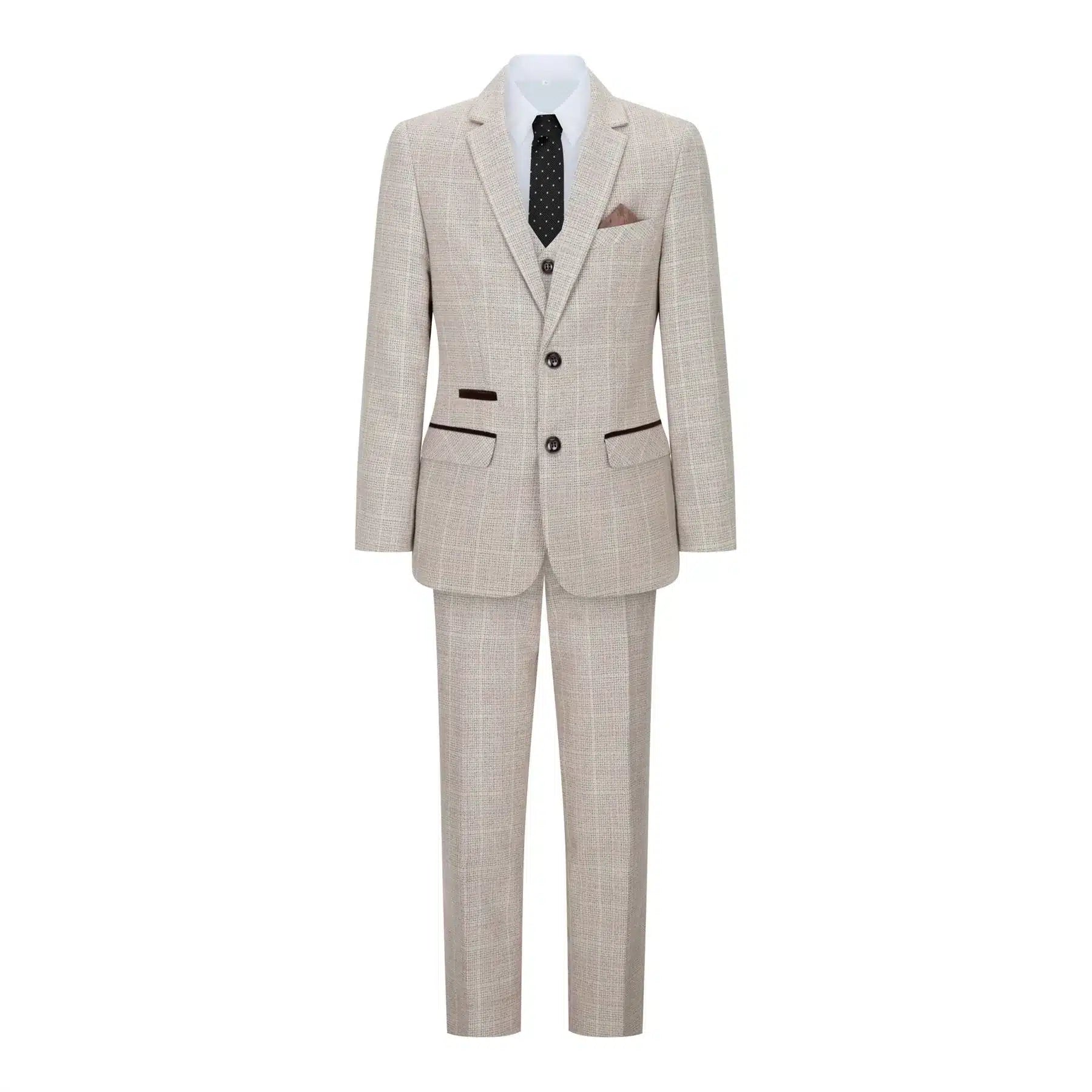 Pojkar Rutig Tweed Beige Brun 3-delad Kostym Bröllop Vintage Retro Klassisk
