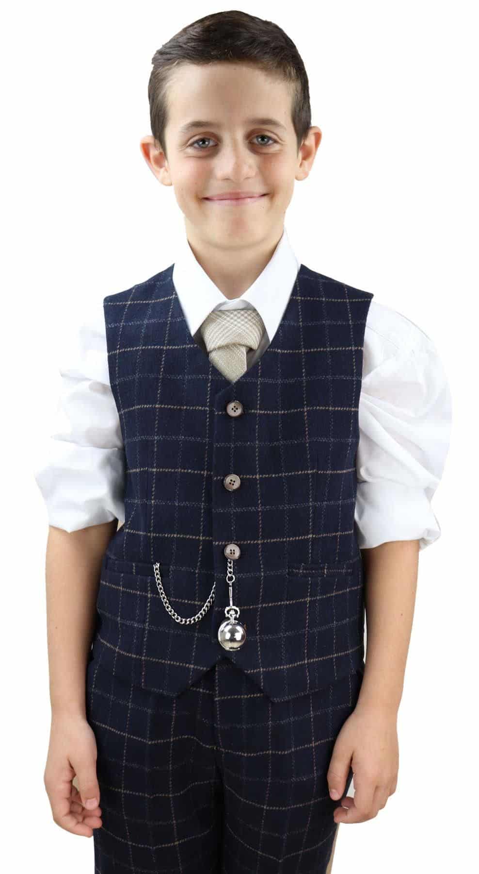 Marinblå rutig 3-delad kostym för pojkar - Peaky Blinders kostym Shelby