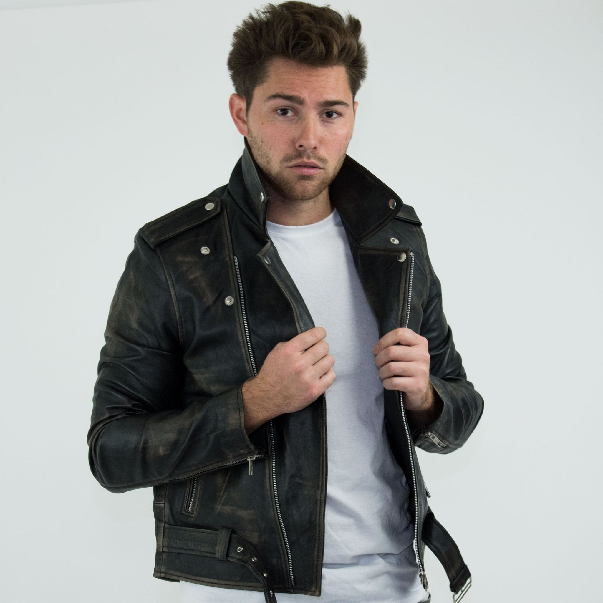 Brando - Herrjacka i äkta läder med dragkedja i äkta läder - Svart - Guld