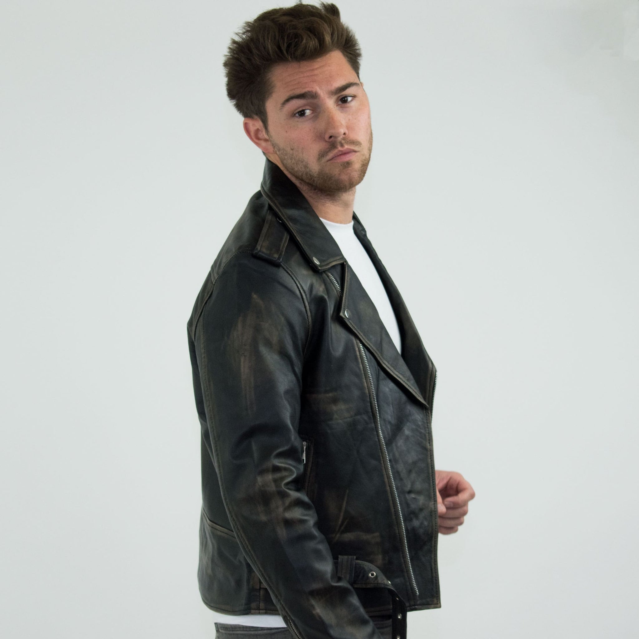 Brando - Herrjacka i äkta läder med dragkedja i äkta läder - Svart - Guld