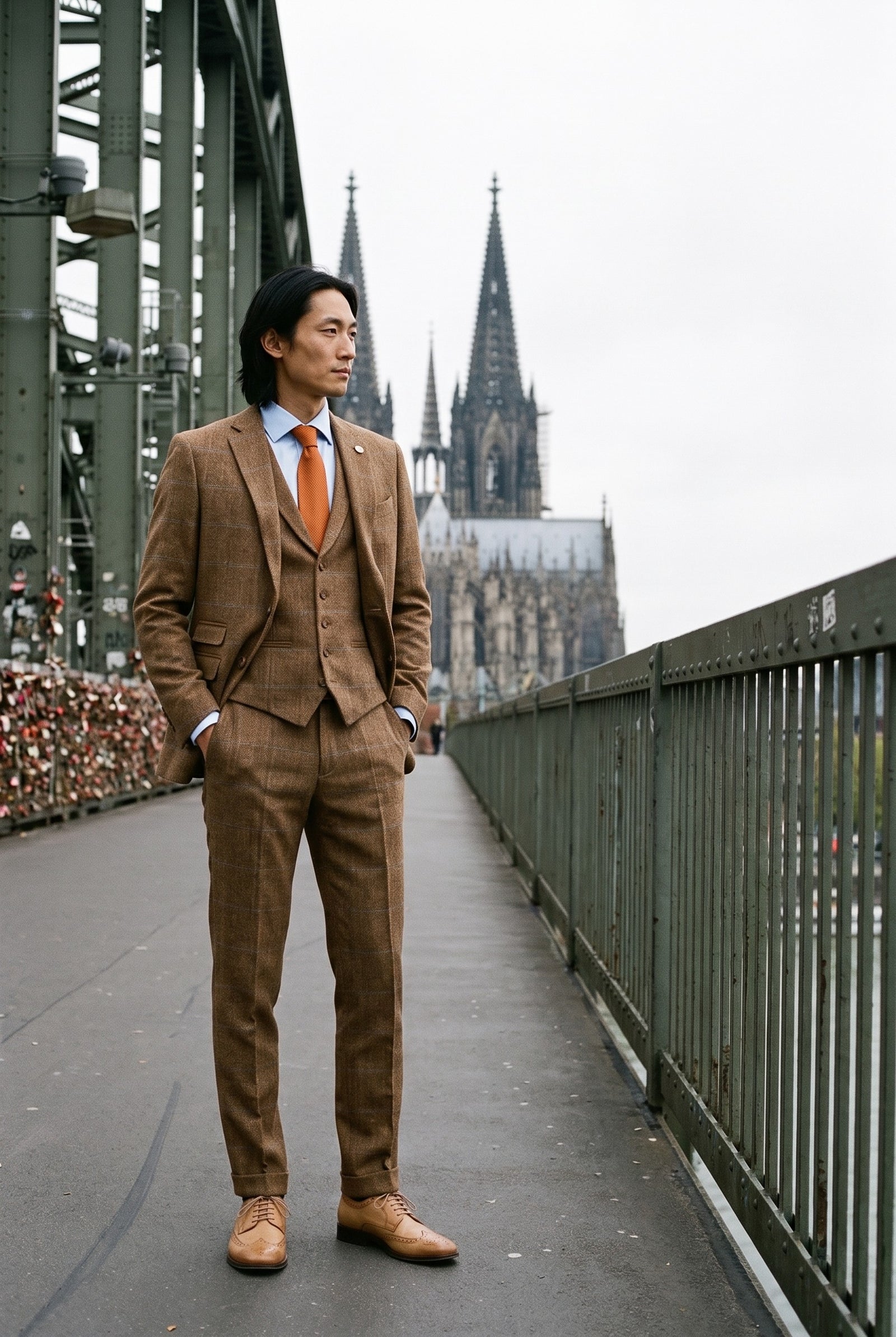 Look #982 styled with Herrkostym i ull, tweed, fiskbensmönster, brun, blårutig, 1920-tals Gatsby
