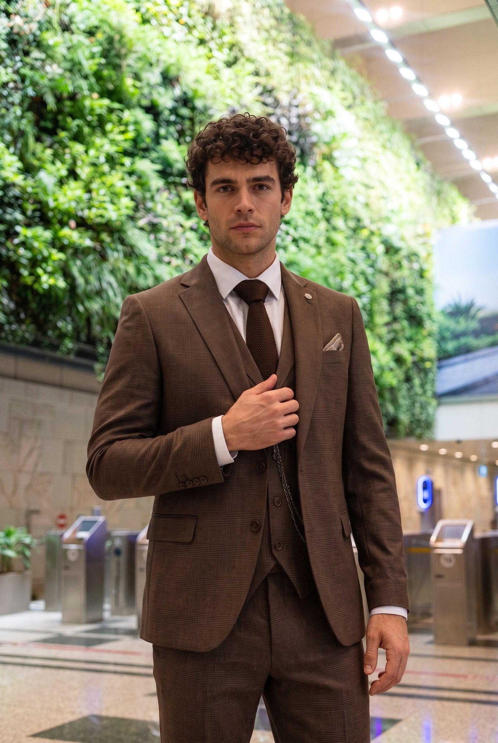 Look #567 styled with TP-50 - Herrbrun 3-delad rutig kostym med Prince of Wales-motiv