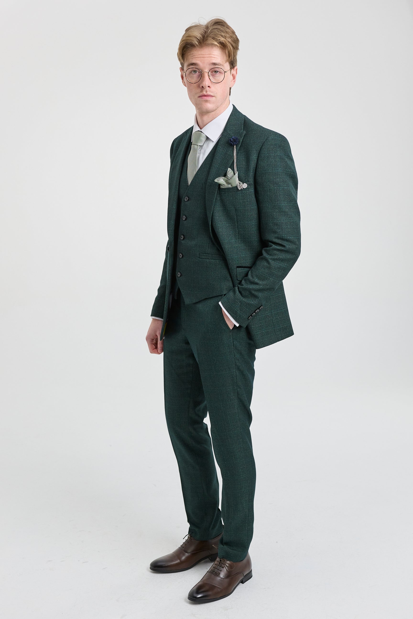 Herr 3-delad rutig kostym i tweed, olivgrön, skräddarsydd passform, bröllop, klassisk stil, Peaky