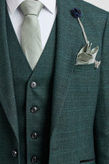 Herr 3-delad rutig kostym i tweed, olivgrön, skräddarsydd passform, bröllop, klassisk stil, Peaky