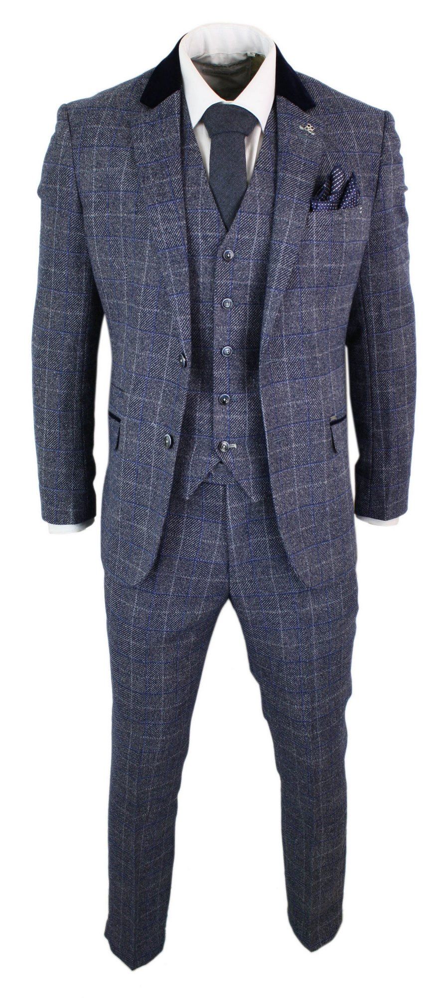Cavani Miles - Herr Blå Marinblå 3-delad Tweedkostym Fiskbensmönstrad Vintage Peaky Blinders 1920-tals Retro