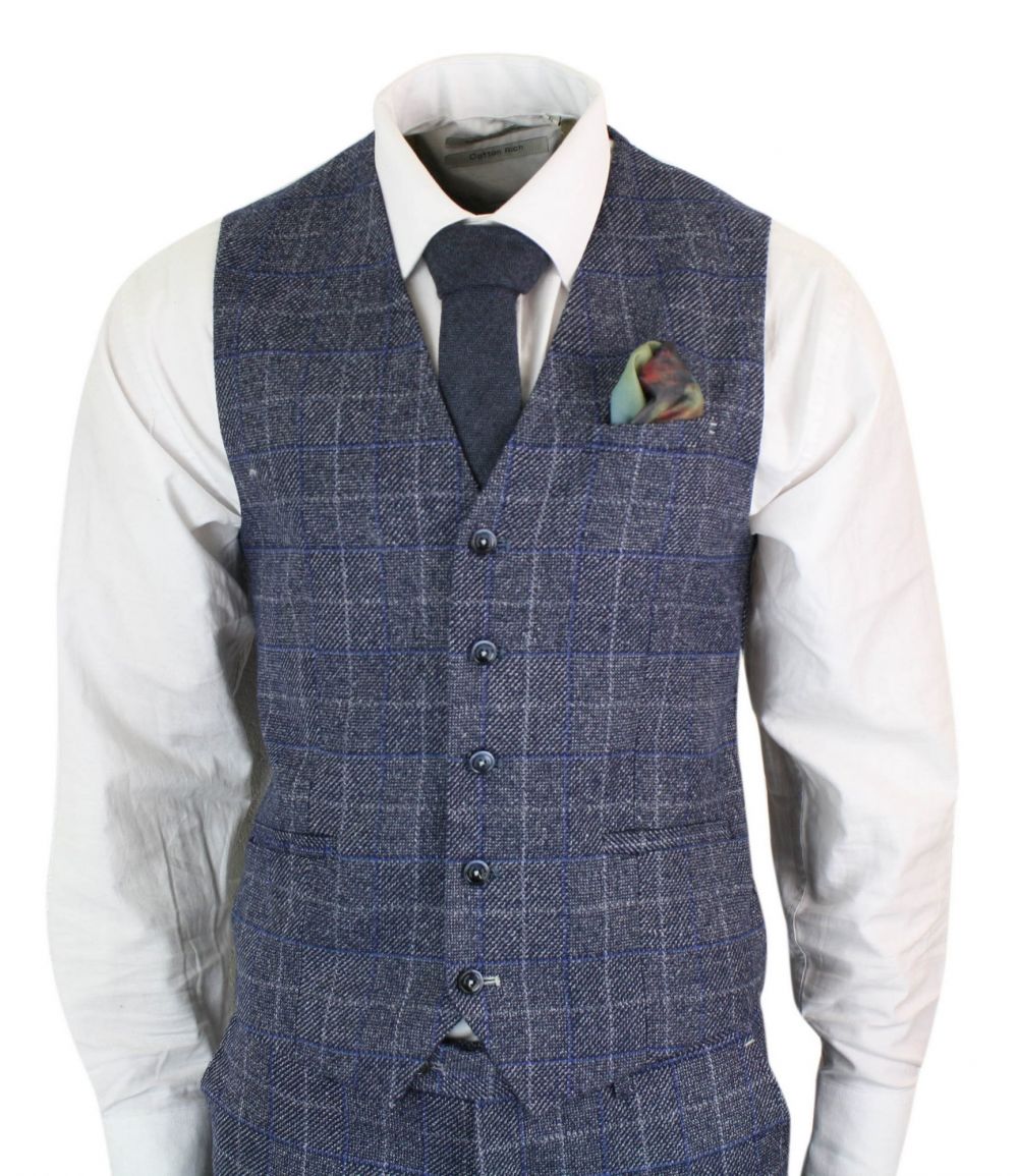 Cavani Miles - Herr Blå Marinblå 3-delad Tweedkostym Fiskbensmönstrad Vintage Peaky Blinders 1920-tals Retro