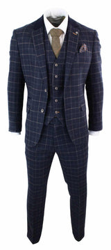 Cavani Shelby - Herr Marinblå 3-delad Fiskbensrutig Kostym Vintage Retro Peaky Blinders Tweed