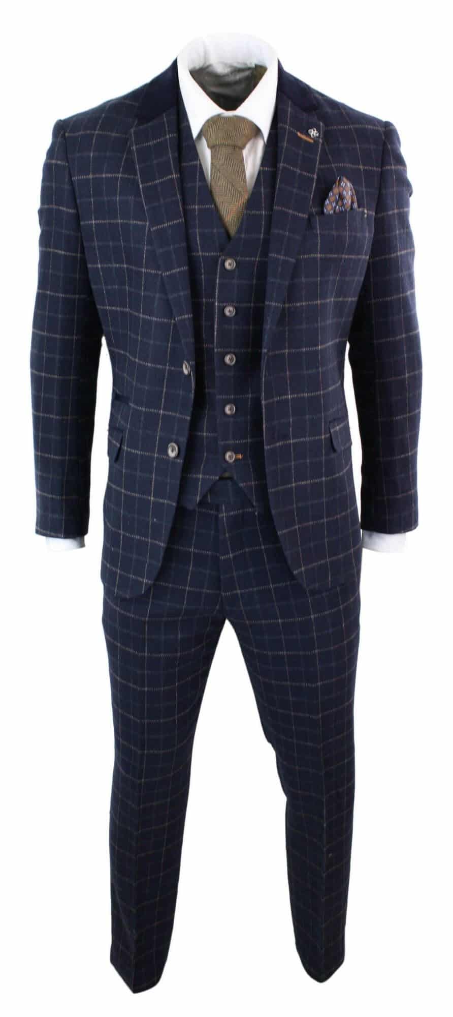 Cavani Shelby - Herr Marinblå 3-delad Fiskbensrutig Kostym Vintage Retro Peaky Blinders Tweed
