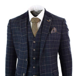 Cavani Shelby - Herr Marinblå 3-delad Fiskbensrutig Kostym Vintage Retro Peaky Blinders Tweed
