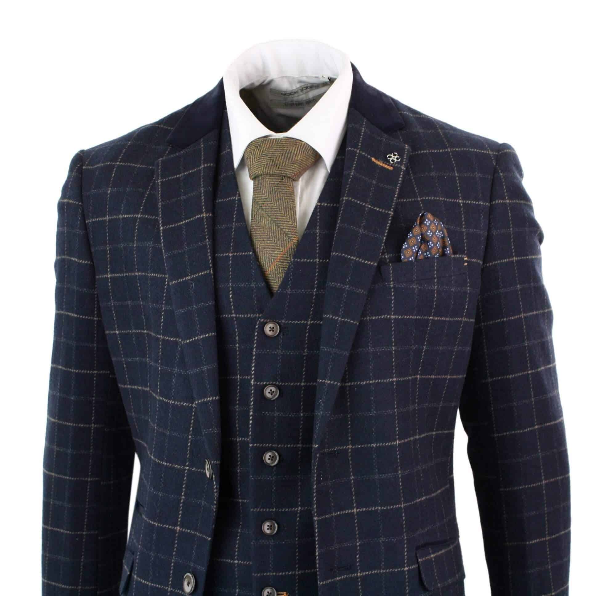 Cavani Shelby - Herr Marinblå 3-delad Fiskbensrutig Kostym Vintage Retro Peaky Blinders Tweed