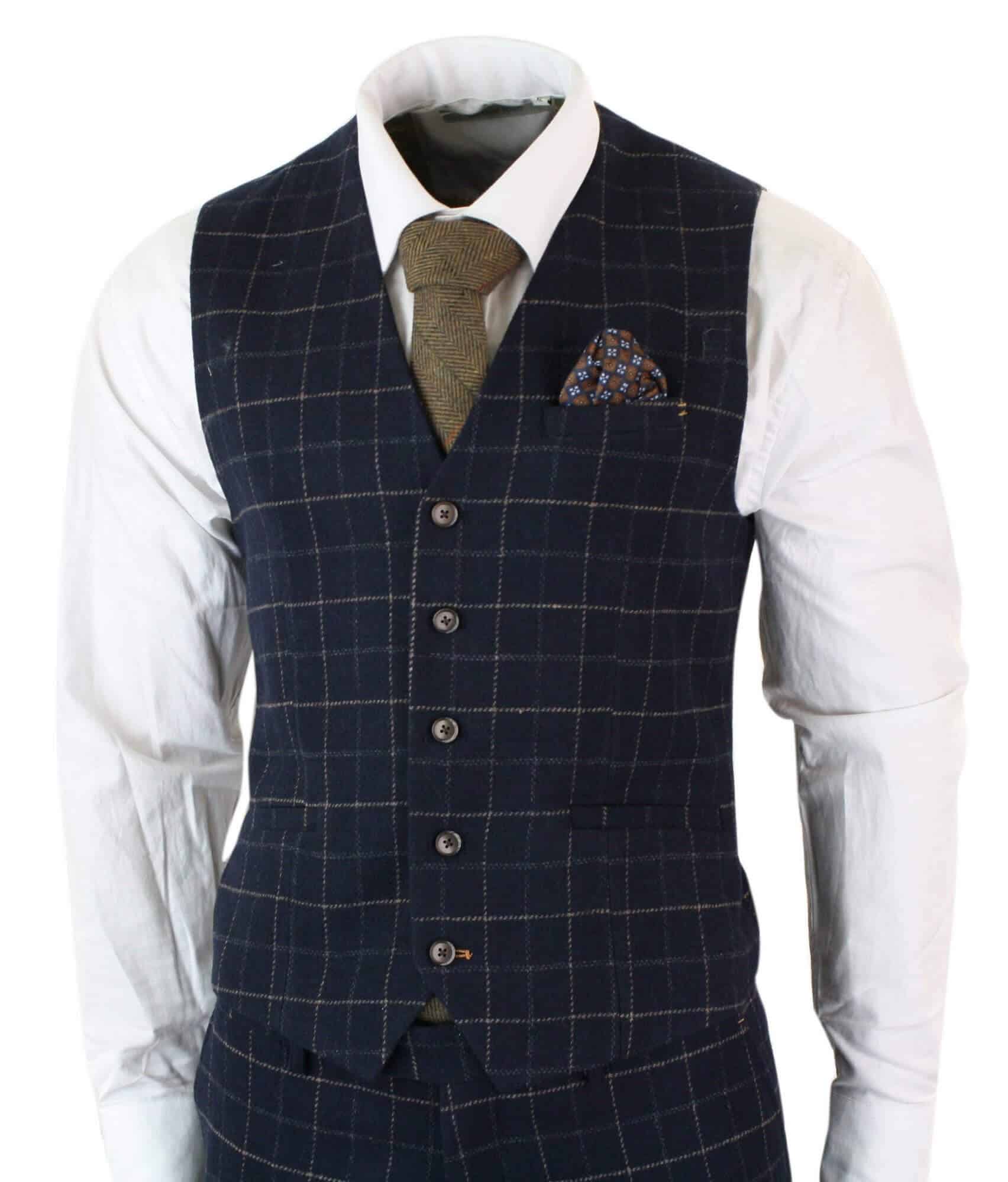 Cavani Shelby - Herr Marinblå 3-delad Fiskbensrutig Kostym Vintage Retro Peaky Blinders Tweed