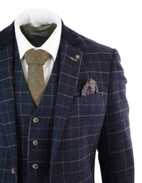 Cavani Shelby - Herr Marinblå 3-delad Fiskbensrutig Kostym Vintage Retro Peaky Blinders Tweed