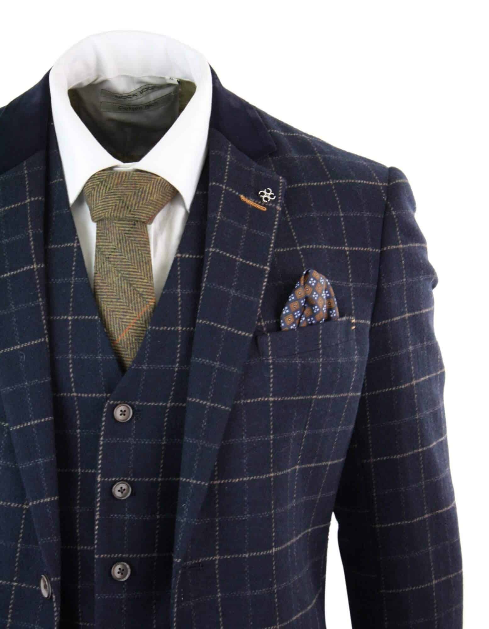 Cavani Shelby - Herr Marinblå 3-delad Fiskbensrutig Kostym Vintage Retro Peaky Blinders Tweed