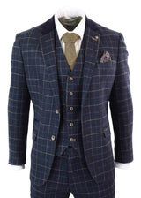 Cavani Shelby - Herr Marinblå 3-delad Fiskbensrutig Kostym Vintage Retro Peaky Blinders Tweed