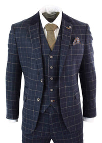 Cavani Shelby - Herr Marinblå 3-delad Fiskbensrutig Kostym Vintage Retro Peaky Blinders Tweed