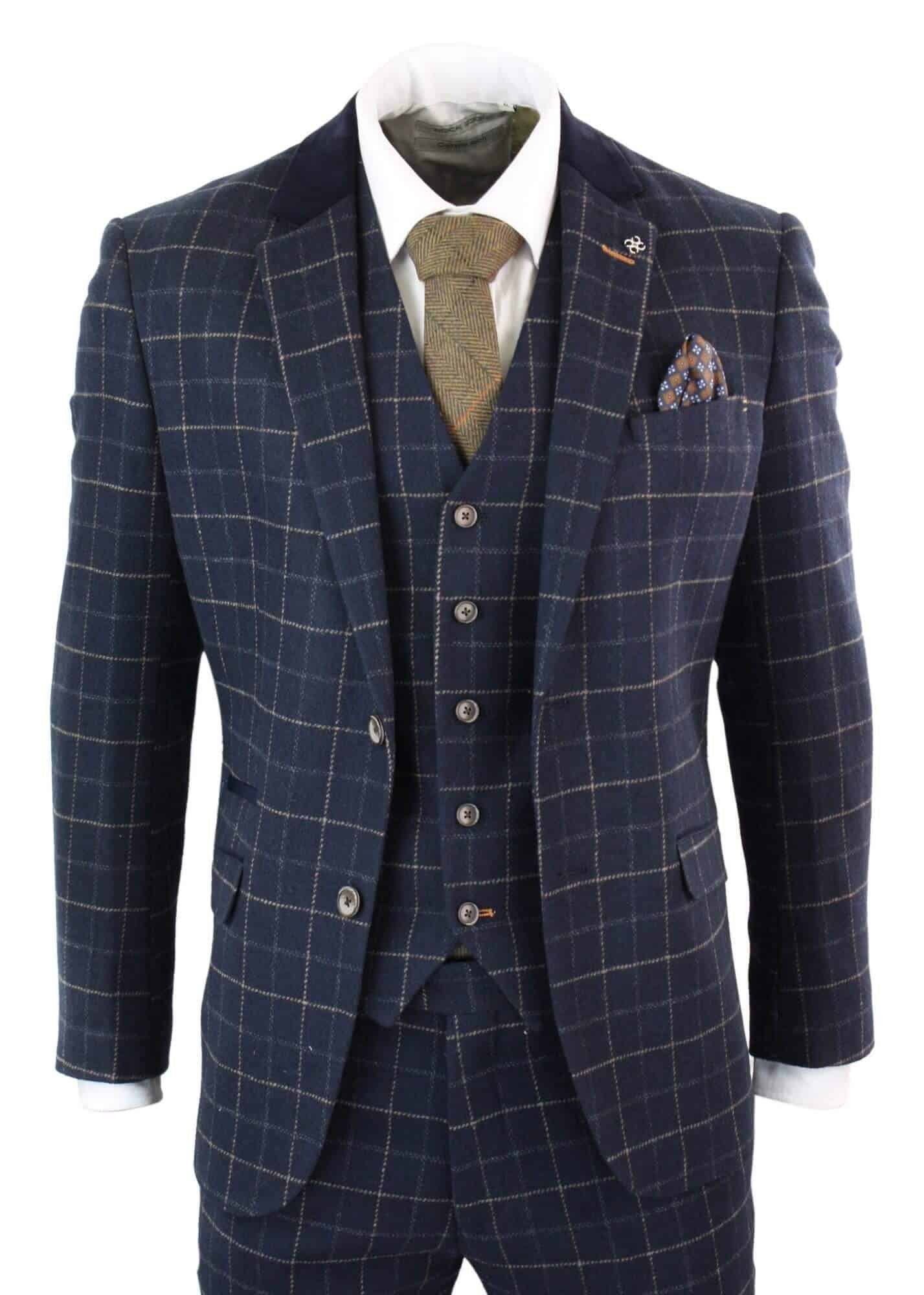 Cavani Shelby - Herr Marinblå 3-delad Fiskbensrutig Kostym Vintage Retro Peaky Blinders Tweed