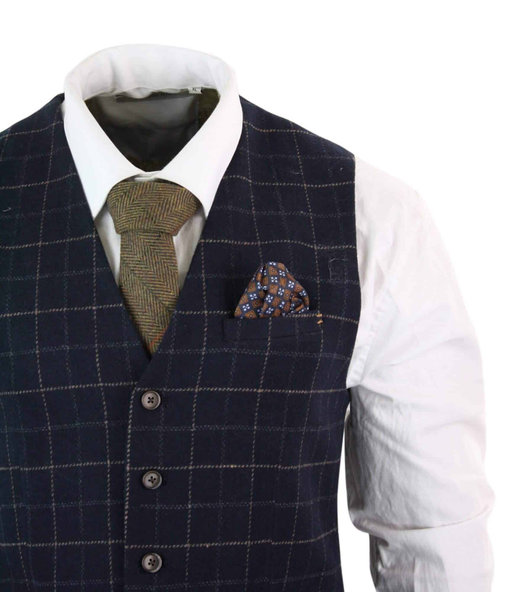 Cavani Shelby - Herr Marinblå 3-delad Fiskbensrutig Kostym Vintage Retro Peaky Blinders Tweed