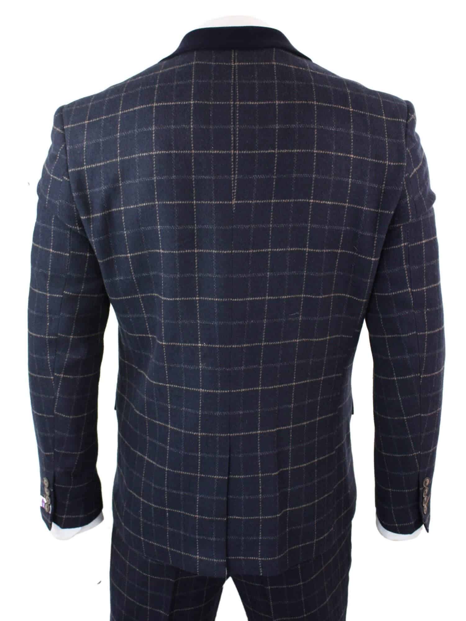Cavani Shelby - Herr Marinblå 3-delad Fiskbensrutig Kostym Vintage Retro Peaky Blinders Tweed