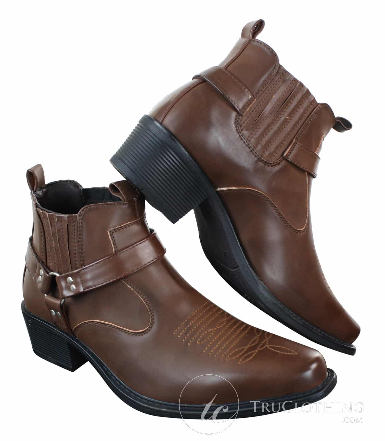 CLASSIQUE MBO 3136 Herr Bruna Svarta Ankelstövlar Läder Slip On Cowboy Western Riding Spänne