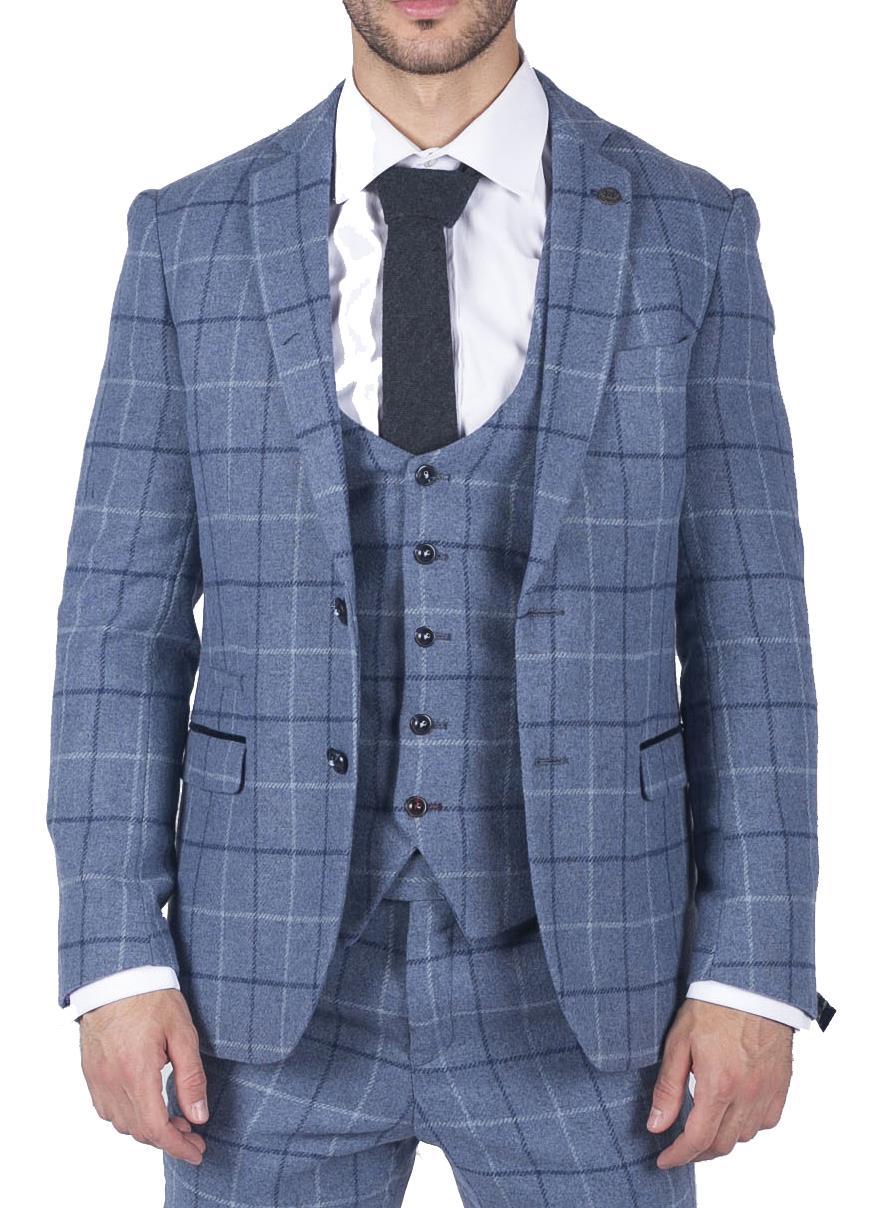 Herr Marc Darcy Ljusblå Marinblå Rutig Kavaj Smart Casual Tweed Slim Fit Clinton