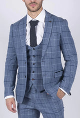 Herr Marc Darcy Ljusblå Marinblå Rutig Kavaj Smart Casual Tweed Slim Fit Clinton
