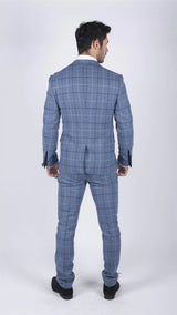 Herr Marc Darcy Ljusblå Marinblå Rutig 3-delad Kostym Smart Casual Tweed Slim Fit Clinton