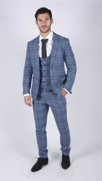 Herr Marc Darcy Ljusblå Marinblå Rutig 3-delad Kostym Smart Casual Tweed Slim Fit Clinton