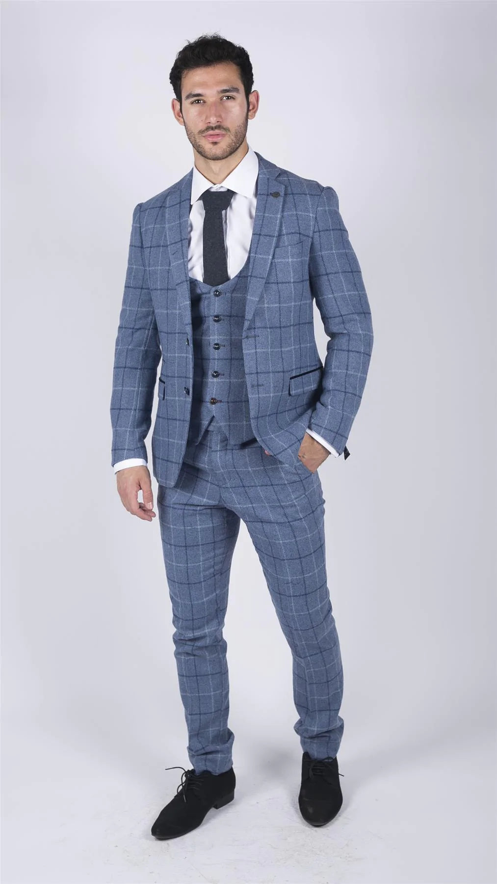 Herr Marc Darcy Ljusblå Marinblå Rutig 3-delad Kostym Smart Casual Tweed Slim Fit Clinton