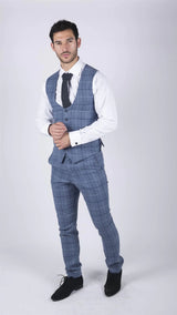 Herr Marc Darcy Ljusblå Marinblå Rutig 3-delad Kostym Smart Casual Tweed Slim Fit Clinton