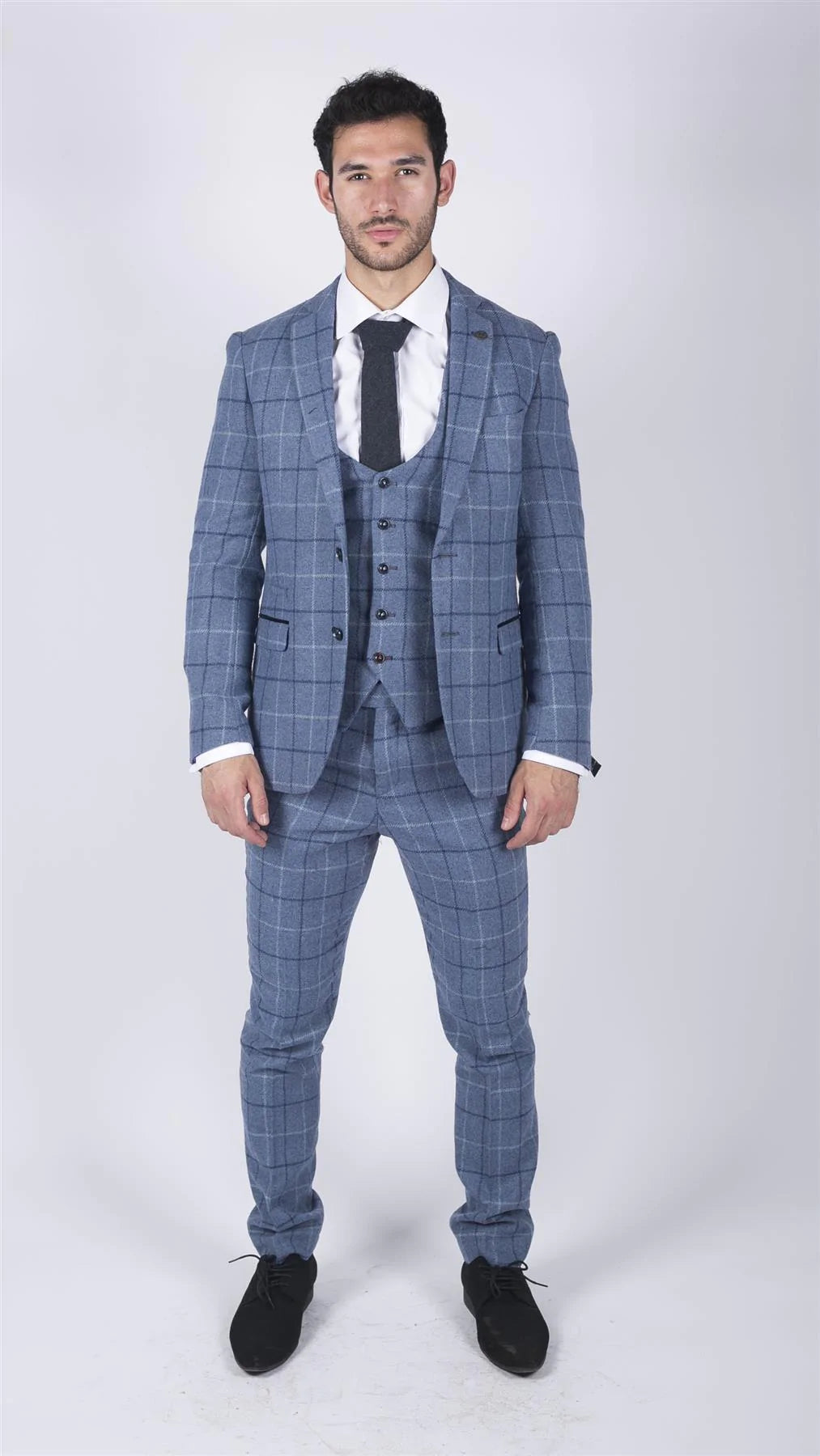 Herr Marc Darcy Ljusblå Marinblå Rutig 3-delad Kostym Smart Casual Tweed Slim Fit Clinton