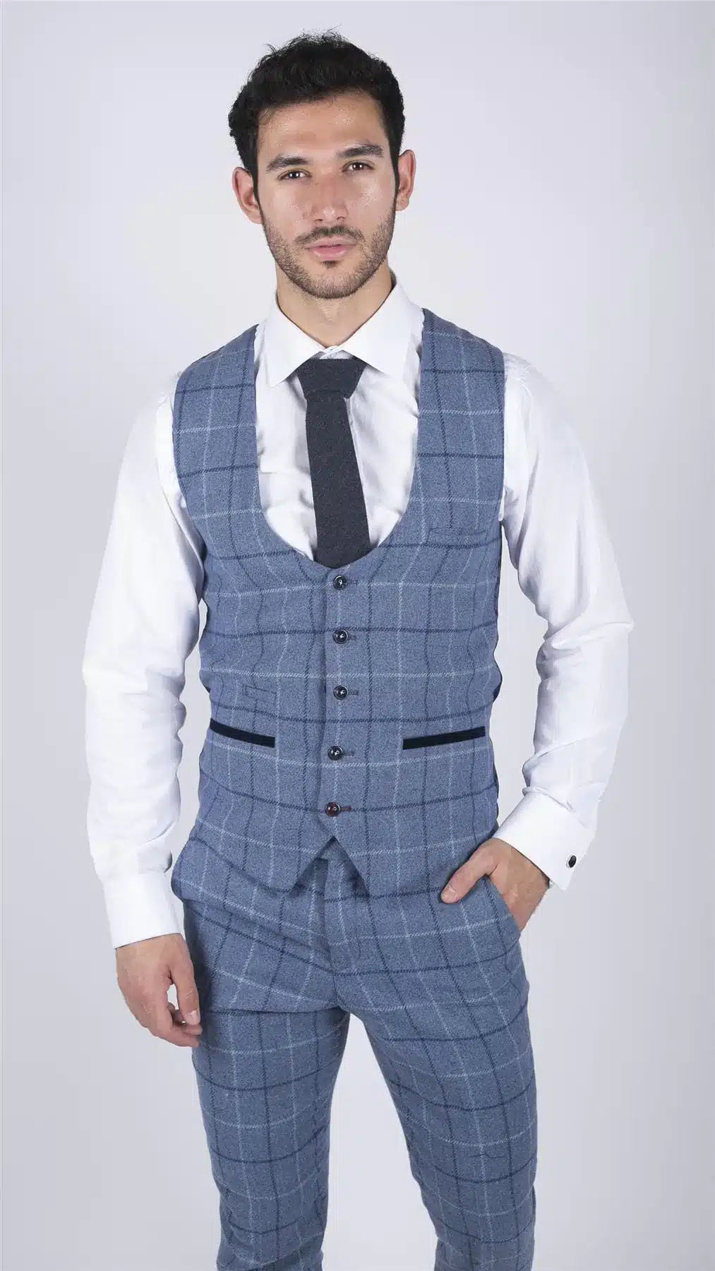 Herr Marc Darcy Ljusblå Marinblå Rutig Väst Smart Casual Tweed Slim Fit Clinton