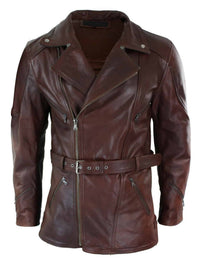 Herr Cross Zip Belted Timber Brun 3/4 Motorcykel Biker Lång Läderjacka CE Armour