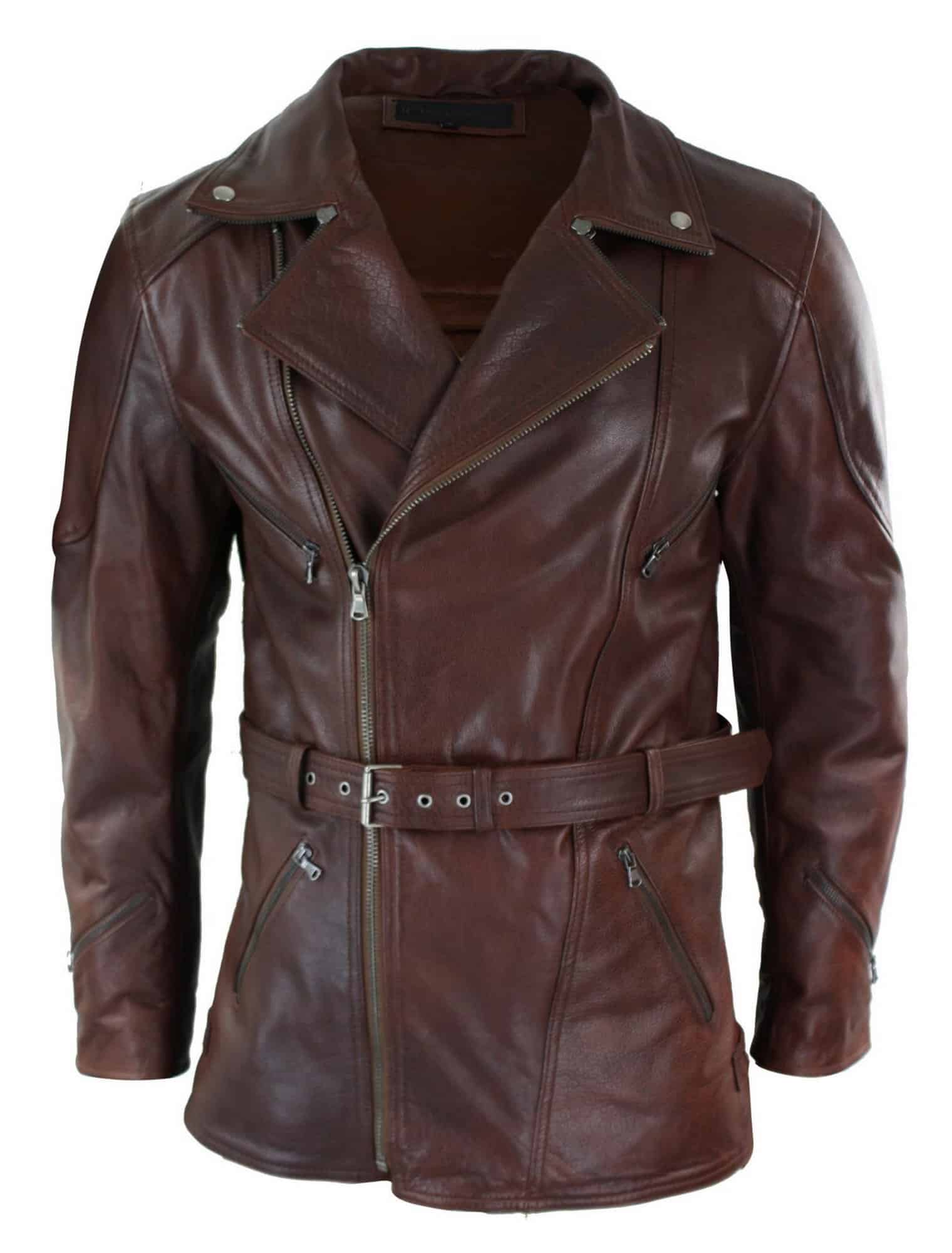 Herr Cross Zip Belted Timber Brun 3/4 Motorcykel Biker Lång Läderjacka CE Armour