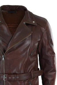 Herr Cross Zip Belted Timber Brun 3/4 Motorcykel Biker Lång Läderjacka CE Armour