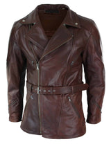 Herr Cross Zip Belted Timber Brun 3/4 Motorcykel Biker Lång Läderjacka CE Armour