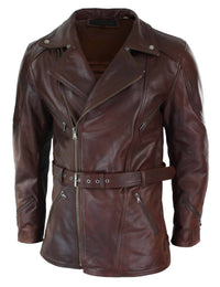 Herr Cross Zip Belted Timber Brun 3/4 Motorcykel Biker Lång Läderjacka CE Armour