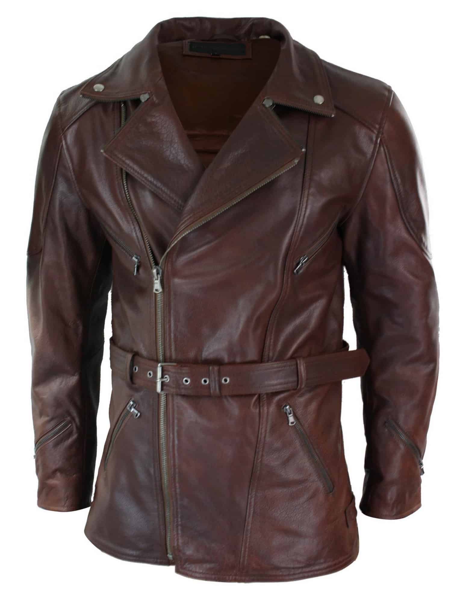 Herr Cross Zip Belted Timber Brun 3/4 Motorcykel Biker Lång Läderjacka CE Armour