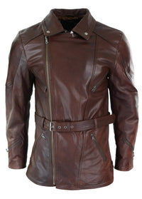 Herr Cross Zip Belted Timber Brun 3/4 Motorcykel Biker Lång Läderjacka CE Armour