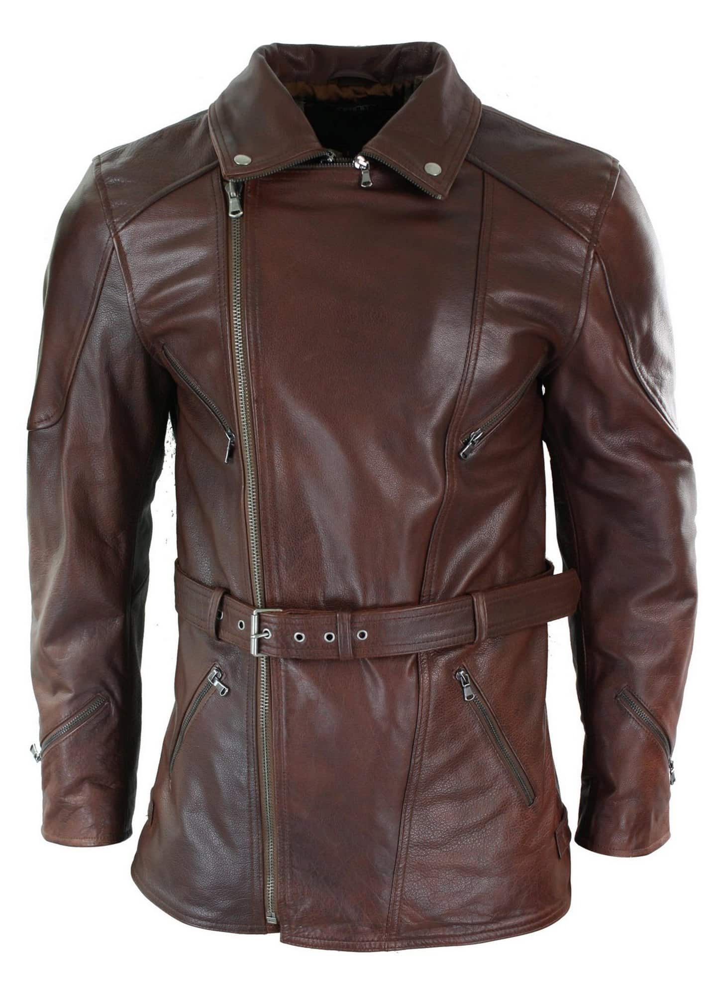 Herr Cross Zip Belted Timber Brun 3/4 Motorcykel Biker Lång Läderjacka CE Armour