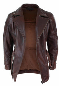 Herr Cross Zip Belted Timber Brun 3/4 Motorcykel Biker Lång Läderjacka CE Armour