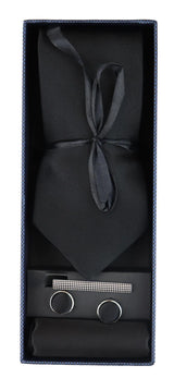 Slips i siden med svart slips, presentset, näsduk, manschettknappar, slips i glansig satin