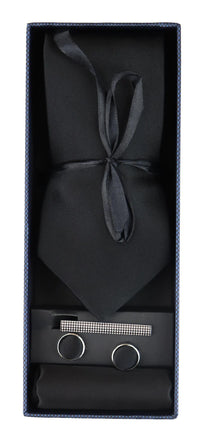 Slips i siden med svart slips, presentset, näsduk, manschettknappar, slips i glansig satin