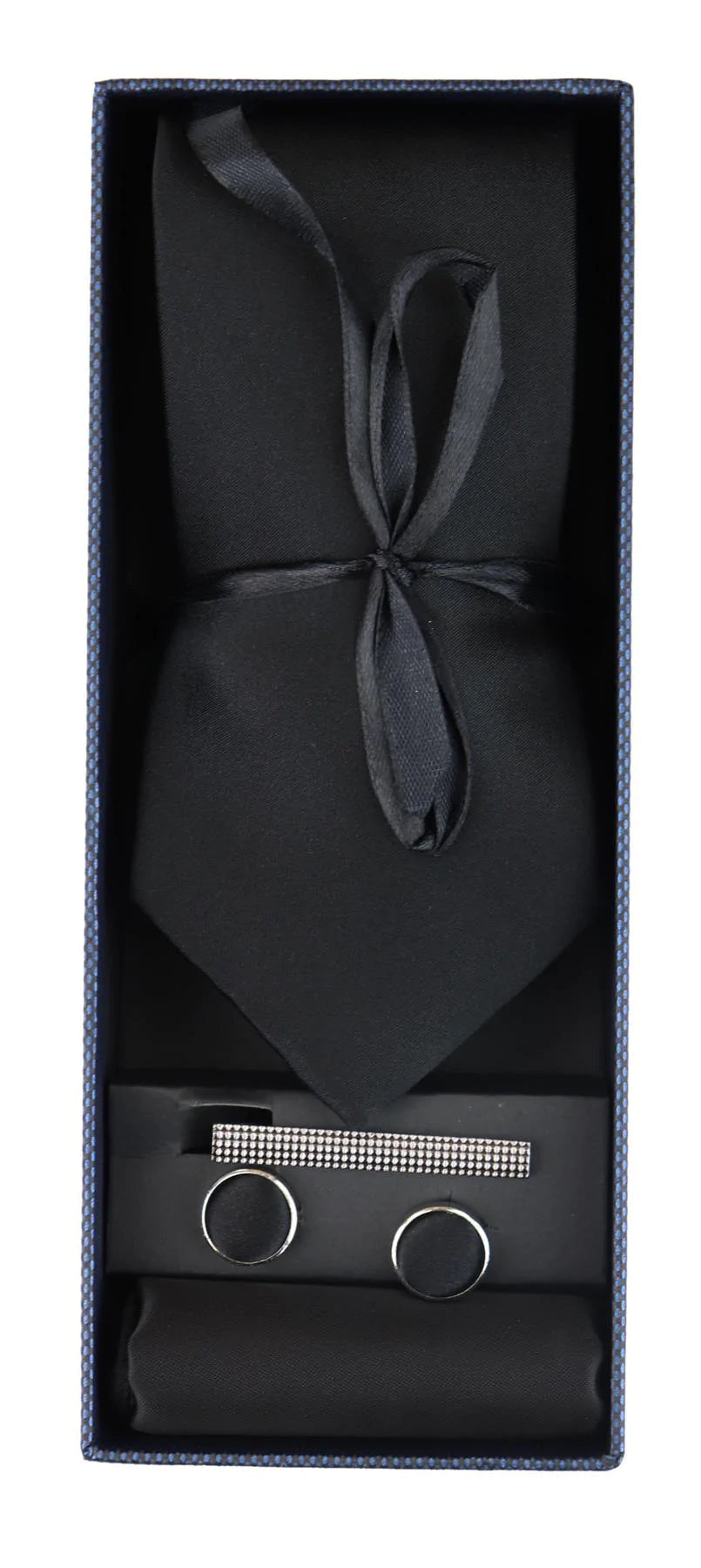 Slips i siden med svart slips, presentset, näsduk, manschettknappar, slips i glansig satin