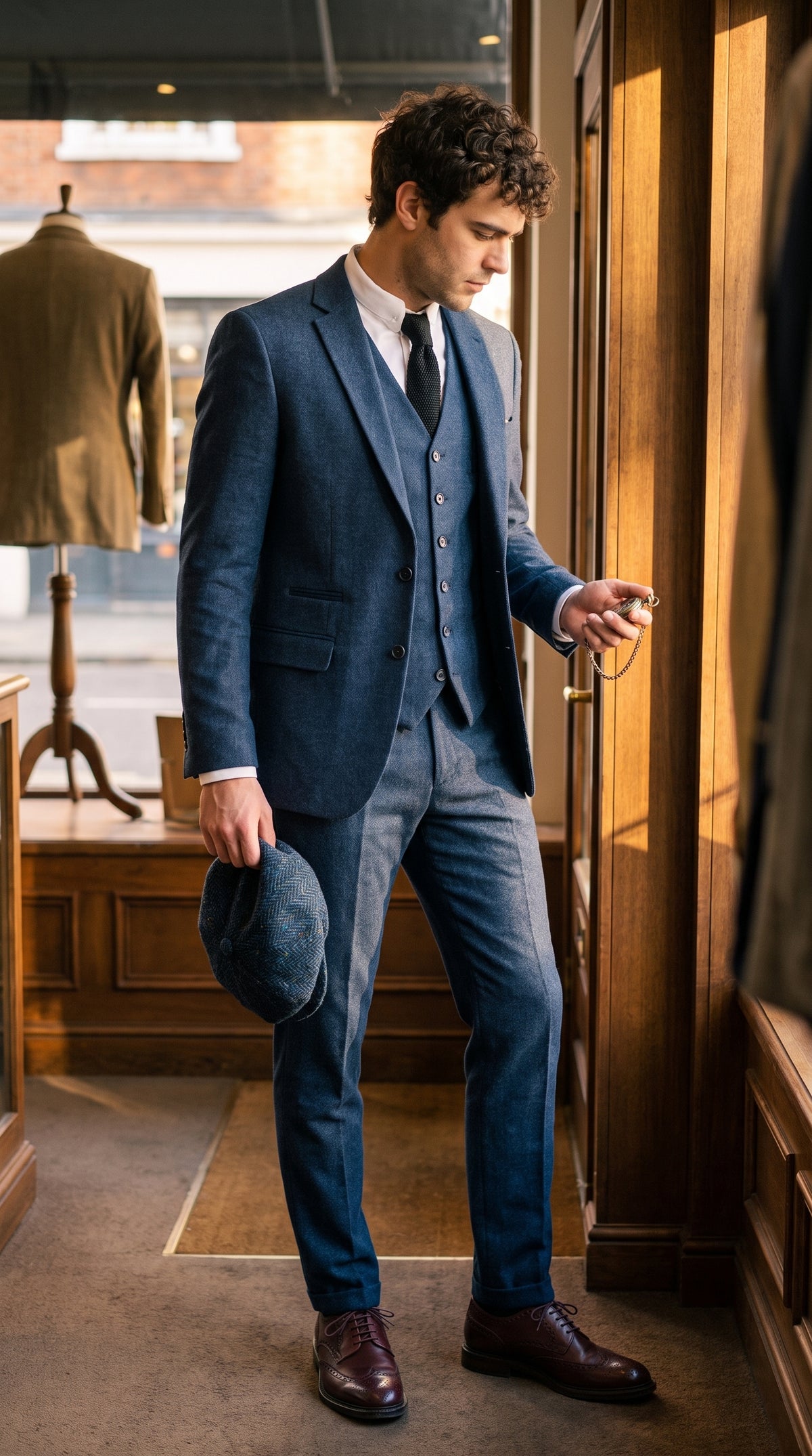Look #828 styled with Marinblå Peaky Blinders ullkostym för män