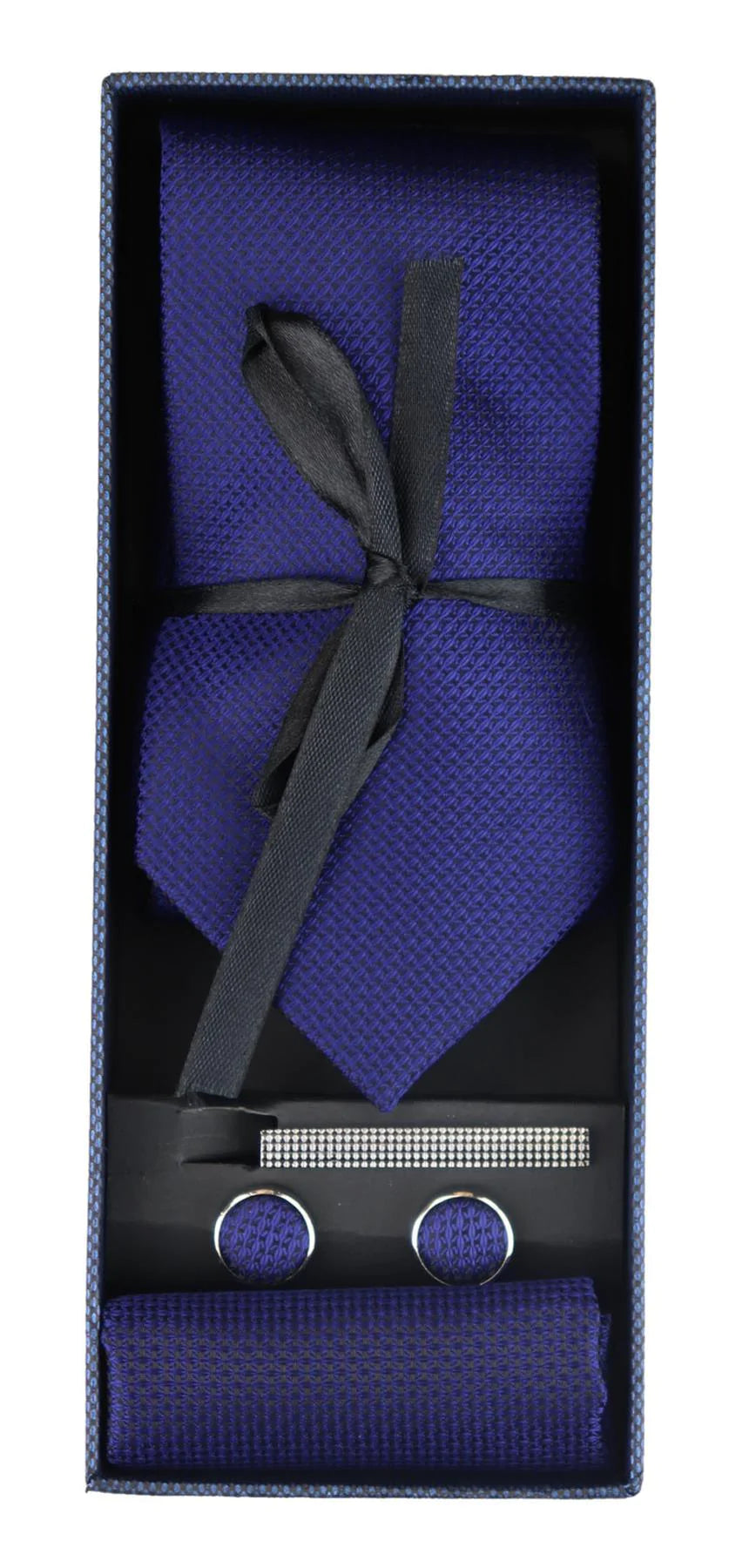Slips i satin, siden, texturerad, blå, presentset, näsduk, manschettknappar, slips i matt satin
