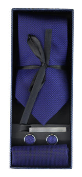 Slips i satin, siden, texturerad, blå, presentset, näsduk, manschettknappar, slips i matt satin